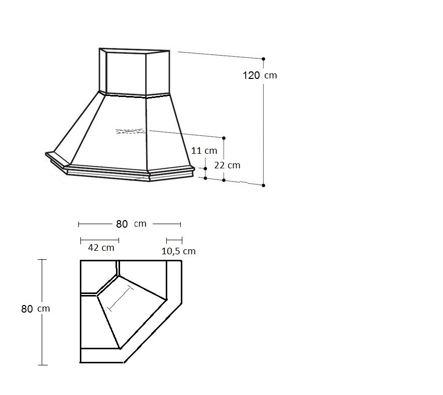 Cappa classica STOCK angolo 80X80 H.120 grezzo cono bianco con motore
